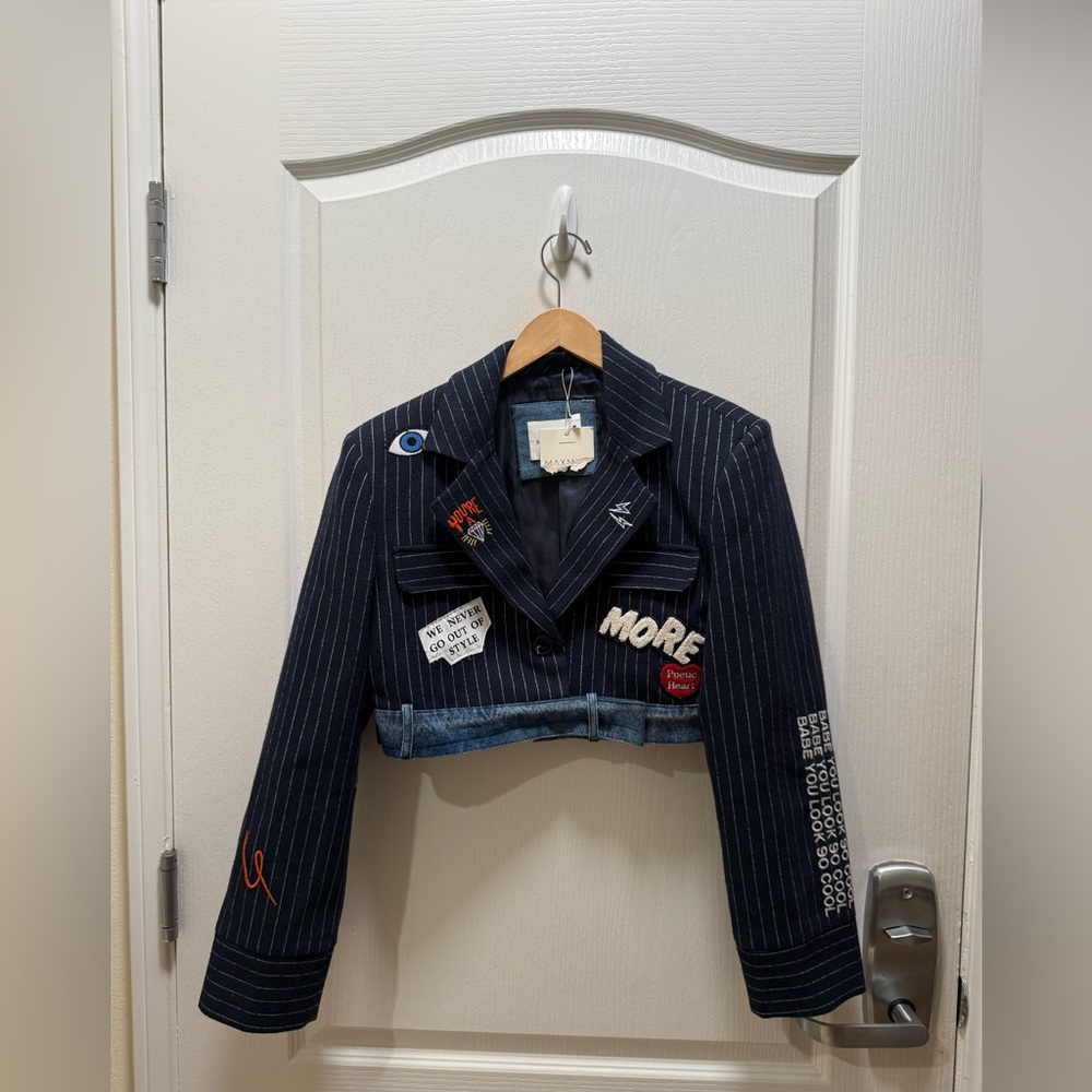 MAXMILA PARIS  Premium Crop Blazer with Embroidered Denim Trim size M NWT - Picture 8 of 8